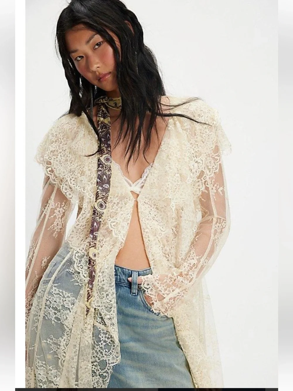 Free People x Nigel Preston Maud Lace Duster Sheer Hi-Low Ruffle NWT One Size - Picture 2 of 11